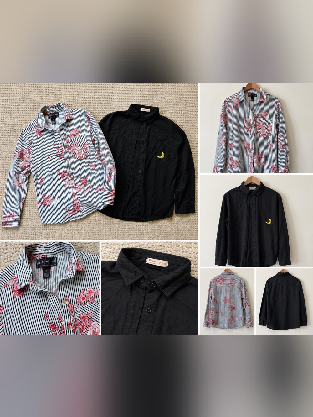 Bundle Of 2 Button-Up Shirts: Black with Yellow Crescent Moon, Floral Stripe